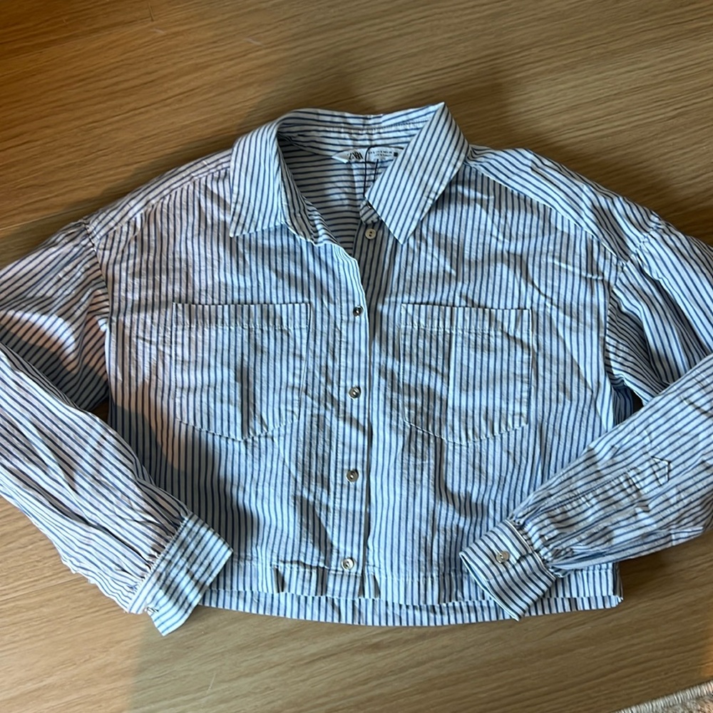 Zara Blue and White Striped Cropped Shirt